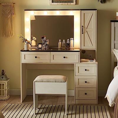  usikey 43.5in Large Vanity Desk with Mirror and 10 LED Lights,  Makeup Vanity Table with Lights and 5 Drawers, White Vanity Table Vanity  Set with Storage Shelves and Stool for Women