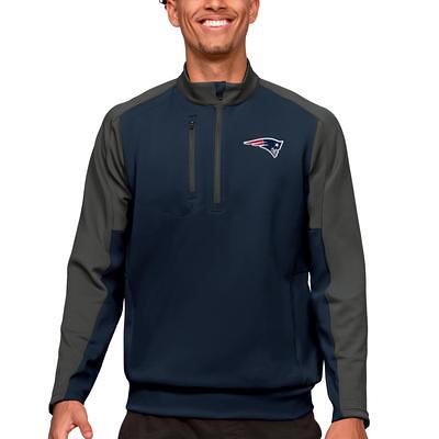 Men's Antigua Navy/Heather Gray New England Patriots Victory Colorblock Pullover Hoodie