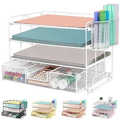 Flexzion Desk Organizer Office Supplies Accessories Desktop Tabletop Sorter Shelf Pencil Holder Caddy Set - Metal Mesh with Drawer and 6 Compartments (