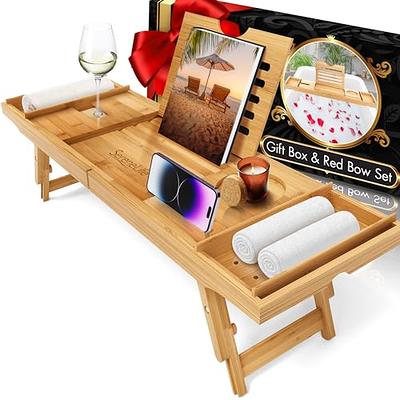 Natural Bamboo Luxury Bathtub Caddy Tray Organizer for Bath Products -  Water Resistant