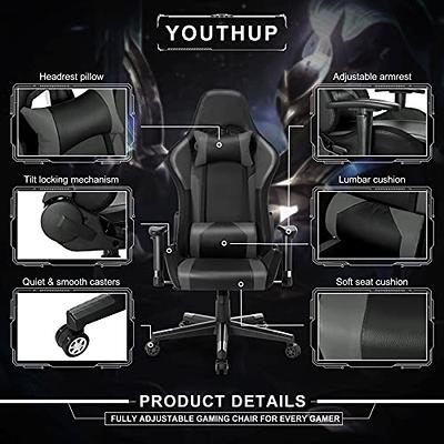 YOUTHUP Gaming Chair with Speakers Video Game Chair with RGB LED Lights Ergonomic  Racing Chair PU Leather Recliner Computer Chair Swivel E-Sports Chair with  Lumbar Support Headrest Armrest, Black - Yahoo Shopping