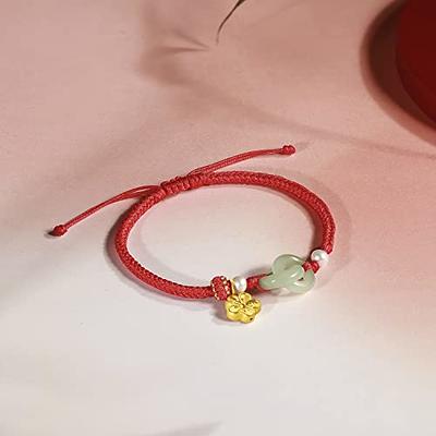 Simple Red String Bracelet with 14K Gold Bead 14K Rose Gold / Green