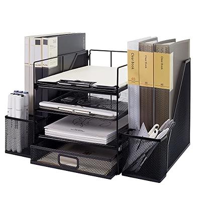 Marbrasse Desk Organizer with File Holder, 5-Tier Paper Letter Tray  Organizer with Drawer and 2 Pen Holder, Mesh Desktop Organizer and Storage  with