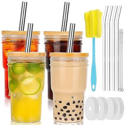 DAMCONME 9 Pack Glass Cups with Bamboo Lids and Straws, 16oz Glass Cup with Lids and Straws, Glass Coffee with Lids and Straws, Drinking Glasses