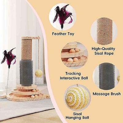 Tatayosi 1-Layer Turntable Cat Ball Toy with Feather Stick, 5 Interactive Balls and Cat Scratching Post with Mat