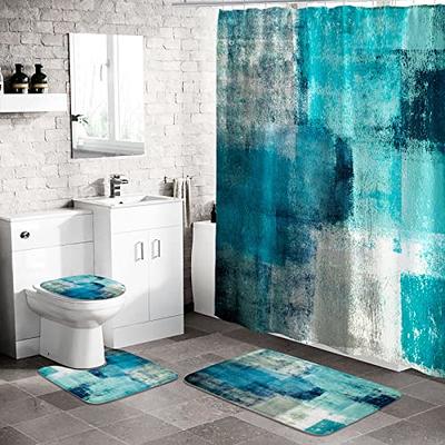 Gray and Teal Shower Curtain and Bath Rug Sets, Modern Turquoise Aqua & Teal  Bathroom Decor, Abstract Fabric Shower Stall Curtain Bath Mat 