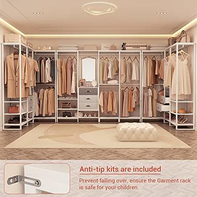 Free-Standing Closet Organizer with Hooks Garment Rack with Shelves and Hanging Rod - Rustic Brown