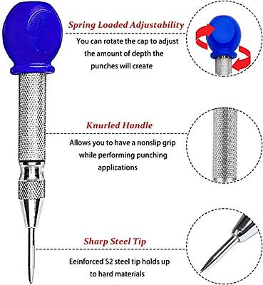 Automatic Center Punch,6 Inch and 5 Inch Heavy Duty Spring Loaded Center  Hole Punch with Adjustable Tension, Hand Tool for Wood,Metal, Plastic, Car  Window Puncher Breaker Tool With Palm Cushion Cap 