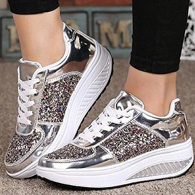 Orthopedic Platform Sneakers for Women Dressy Sparkly Sequin  Glitter Tennis Sneakers Wedge Athletic Walking Shoes Non Slip Comfort  Fashion Women's Lace up Running Shoes Bling Wedding Bridal Shoes : Sports
