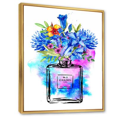 Designart 'Perfume Chanel Five with Blue Flowers' French Country Framed Art Print, Size: 24 x 32