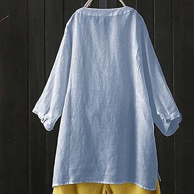 Drop Shoulder Cotton Linen Henley Tunic Tops for Womens 3/4 Roll-Up Sleeve  V Neck T-Shirts Summer Casual Oversized Blouses : : Clothing