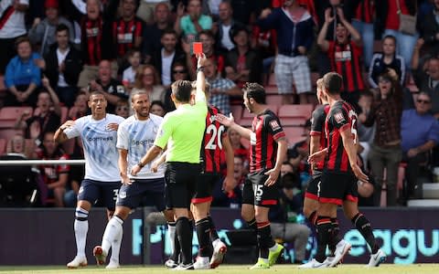 Richarlison of Everton is shown a red card by referee, Lee Probert during the Premier League match between AFC Bournemouth and Everton FC at Vitality Stadium  - Credit: Getty images