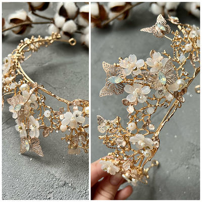 Boho Pearl Gold Leaf Dainty Bridal Headpiece