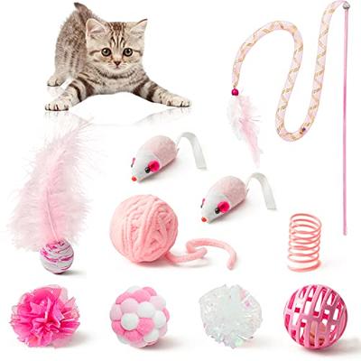 MALLMALL6 10Pcs Cat Toy Set Interactive Cat Toys Pack Including Feather  Teaser Wand Cat Springs Mice Crinkle Balls and Pet Bell Balls, Puzzle Toys  for Indoor Cats Gift (Pink) - Yahoo Shopping