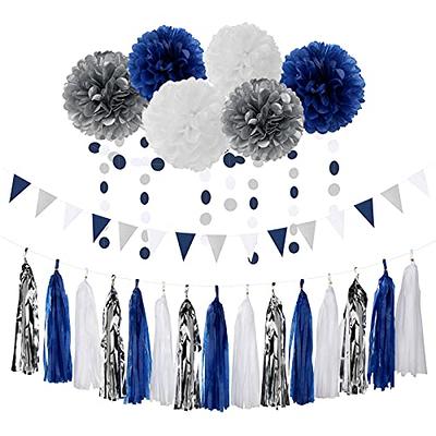  Navy Blue and Sliver Paper Fan Party Decoration, 23Pcs Hanging Paper  Fans, Pom Poms Flowers, Garland String Polka Dot and Triangle Bunting Flag  Packs for Graduation Party,Boy Birthday, Baby Shower 