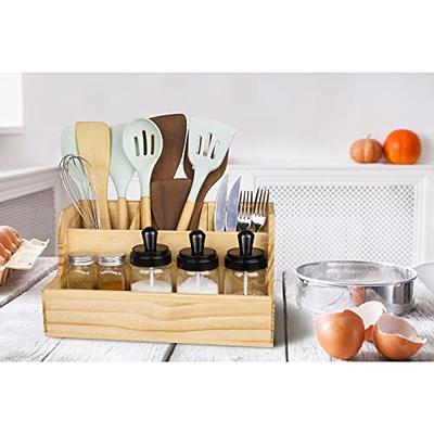 Utensil Holder in Rustic Wood for Farmhouse Kitchen Decor, Cooking Tools  Storage and Countertop Organizer, Triple Compartment 