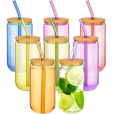 [ 8pcs Set ] Drinking Beer Glasses with Bamboo Lids and Glass  Straw - 16oz Can Shaped Glass Cups, Iced Coffee Glasses, Cute Tumbler Cup,  Ideal for Cocktail, Whiskey, Gift 