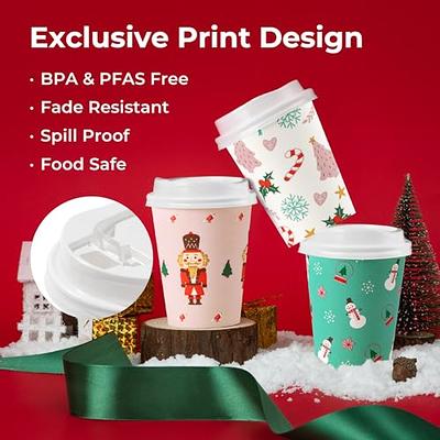 Fit Meal Prep 50 Pack 12 oz Christmas Disposable Coffee Cups with Black Lids, Durable Thickened Christmas Paper Cups for Hot Beverage Chocolate Tea