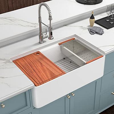 Lordear Workstation Double Bowl Kitchen Sink 33 Inch White Farmhouse Sink