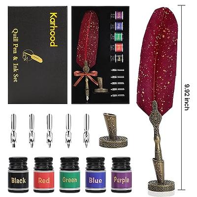 Karhood Quill Pen and Ink Set - Feather Calligraphy Dip Pen with Wax Seal  Stamp Kit and 5 Nibs (Red)