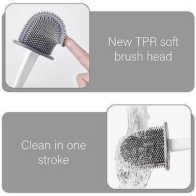 Toilet Bowl Brush and Holder, 2-in-1 Head of Silicone and Nylon Bristles,  White Flat Toilet Scrubber for Bathroom, Wall Mounted or Standing