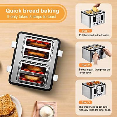 Mecity 4 Slice Toaster, Long Slot Toaster with Countdown Timer, Bagel / Defrost / Reheat / Cancel Functions,warming Rack, Removable Crumb Tray, 6