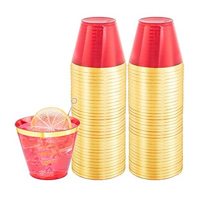 100 Pk 16 oz Clear Plastic Cups, Red Rimmed Disposable Cups