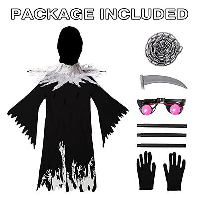 Grim Reaper Halloween Costume with Glowing Red Eyes for Kids, Reaper Scythe  Included- Black(Medium)