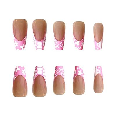 24PCS Coffin Long Fake Nails Pink Tai Chi Press on Nails French