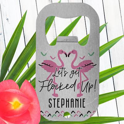 Personalized Tropical Flamingos Slim Can Coolies - Let's Get Flocked Up