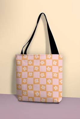 Retro Daisy Checkered Tote Bag  Pink & Orange Checkerboard