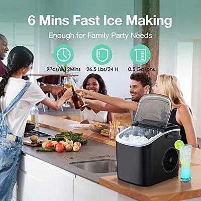 Silonn Ice Maker Countertop, Portable Ice Machine with Carry Handle, Self-Cleaning Ice Makers with Basket and Scoop, 9 Cubes in 6 Mins, 26 lbs per