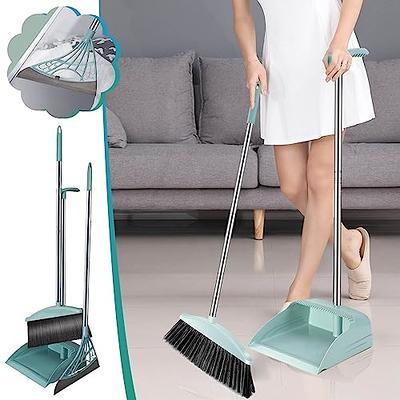 Almcmy Broom and Dustpan Set, 47 Long Handle Dust Pan and Broom Combo,  Upright Standing Dustpan with Self-Cleaning Teeth, Stand Up Broom and  Dustpan