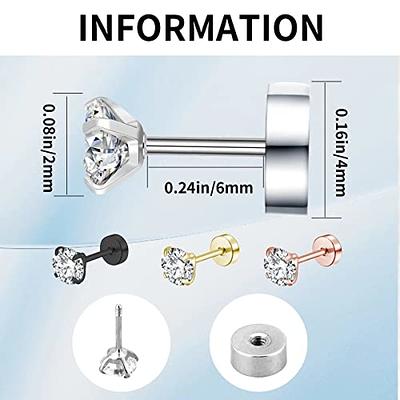 4 Pairs Cubic Zirconia Flat Back Stud Earrings, Screw Back Earrings for  Women/Men, Hypoallergenic Stainless Steel Cartilage Earring Flat Back(2MM)  - Yahoo Shopping