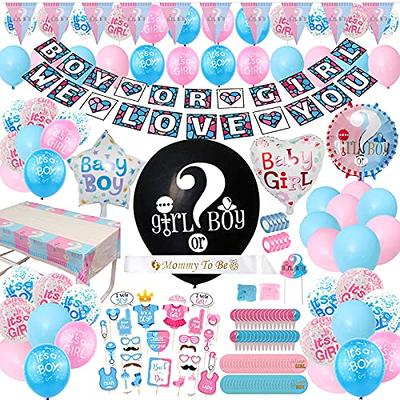  92Pcs Gender Reveal Decorations and Baby Box with Letters Set  Boy or Girl Gender Reveal Party Supplies Party Ideas Tablecloth Backdrop  Pink and Blue Balloons Baby Boxes with Letters Decorations Kit 