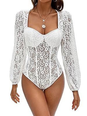 QWINEE Women's Solid Long Sleeve Sweetheart Neck Lace Bodysuit Tie