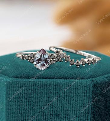 Alexandrite Engagement Ring Set Vintage Pear Shaped Women White Gold Black  Diamond Unique Bridal Marquise Cut Art Deco Gift For Her - Yahoo Shopping