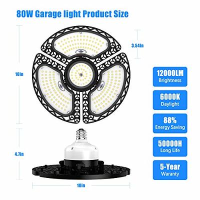 LED Garage Lights, 80W Deformable LED Garage Ceiling Lights 12000 Lumens  Led Shop Lights for Garage, Garage Lights with 3 Adjustable Panels.