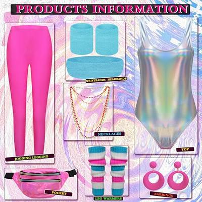 6 Pcs Women 80s Workout Costume Outfit,80s Leotard Outfit for 80s 90s  Party,Retro Neon Headband Wristbands Legging