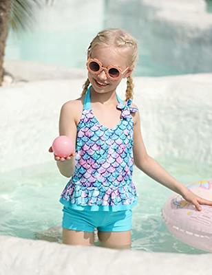 Little Girls Feather Print Bikini Swimsuit Two Pieces Bathing Suit Kids  Front Knot Crop Tops with Swim Shorts Swimwear