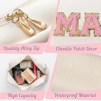 TOPEAST Personalized Preppy Makeup Bag Initial Chenille Letter Patch Makeup  Bag Pouch PU Leather Cosmetic Bag Travel Toiletry Bag Monogram Makeup Bag