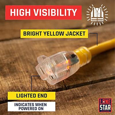 75 Foot Lighted Outdoor Extension Cord - 10/3 SJTW Yellow 10 Gauge