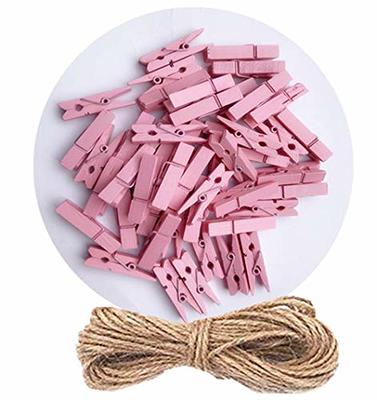 DurReus 2 Pink Wooden Clothes Pins DIY Photo Garland Baby Shower Bag Clips Decorative Clothespins with Jute Twine Pack 50