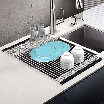 Roll Up Dish Drying Rack, Over The Sink Dish Drying Mat, Large Silicone  Stainless Steel Dishes Drainer, Foldable Drain Rack for Kitchen 17.8 L x