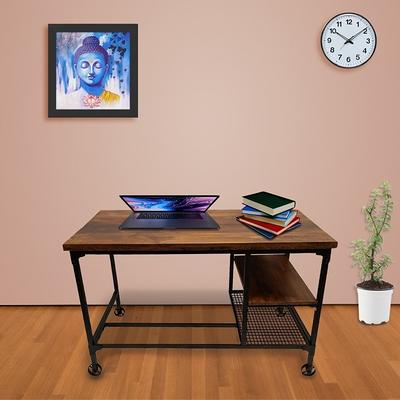 Industrial Wood and Metal Desk with 2 Shelves Brown - Benzara