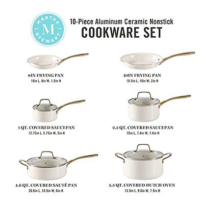Martha Stewart Lockton Premium Nonstick PFA Free Ceramic Interior 10 Piece  Heavy Gauge Enamel Aluminum Pots and Pans Cookware Set - Linen White w/Gold