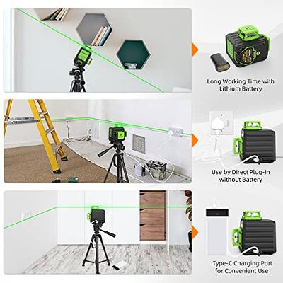 Huepar 3D Cross Line Self-leveling Laser Level 12 lines Green Beam Li-ion  Battery with Type-C Charging Port & Hard Carry Case