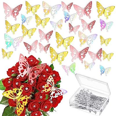 148 Pcs Bouquet Corsages Pins for Flower and 3D Gold Butterfly Wall Decor Set Flower Diamond Pins Crystal Head Straight Pins Bouquet Accessories for