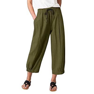 Capri Pants for Women Fashion Solid Color With Pockets Plus Size Cotton  Linen Drawstring Wide leg Casual Loose High Waist Capri Pants 