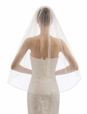 ELAWBTY Womens 1 Tier Fingertip Length Short Crystal Beaded Wedding Bridal Veil with Comb X09